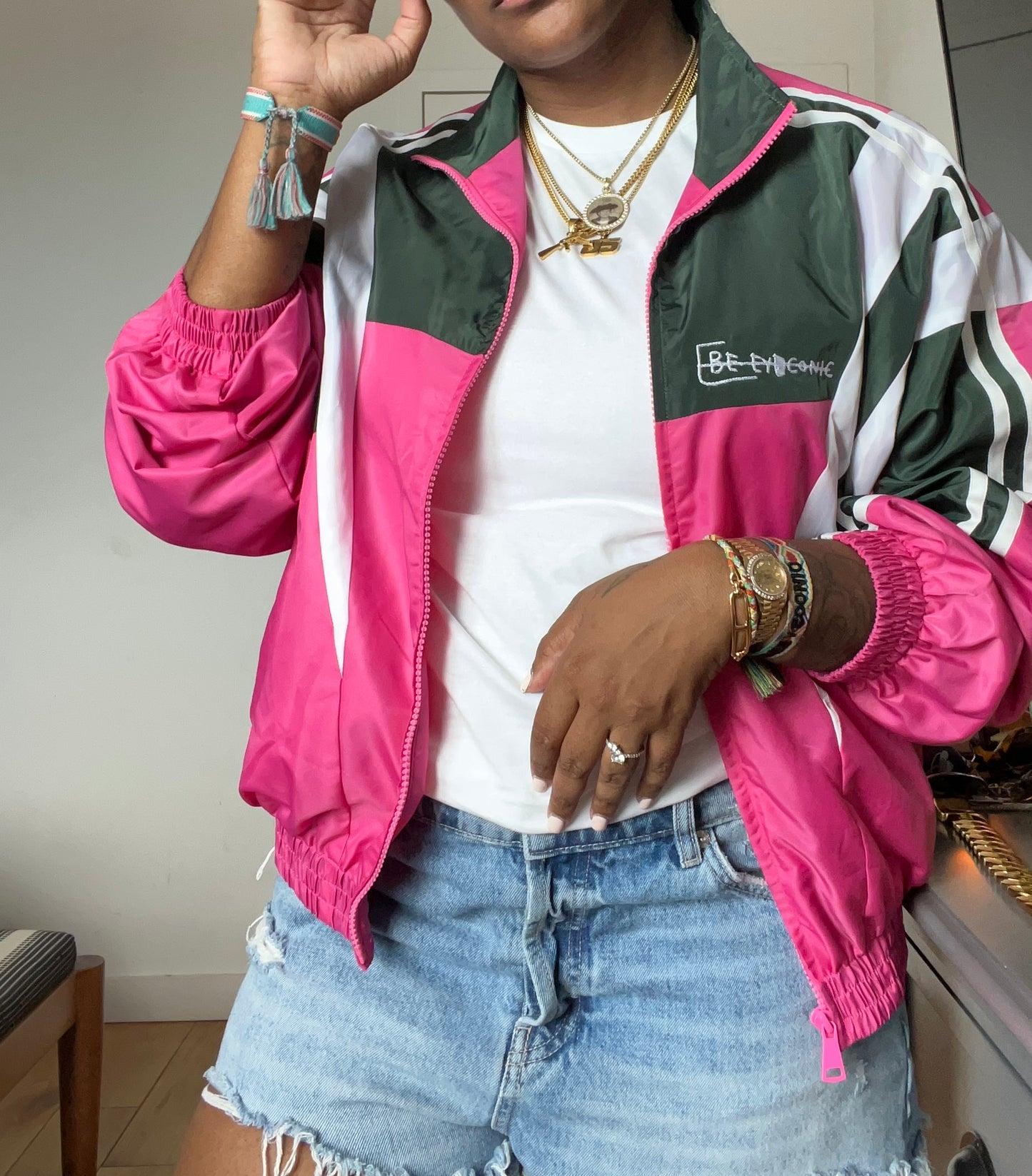 BeEyeConic “Get Fresh” Nylon Track Jacket (Pink + Green)