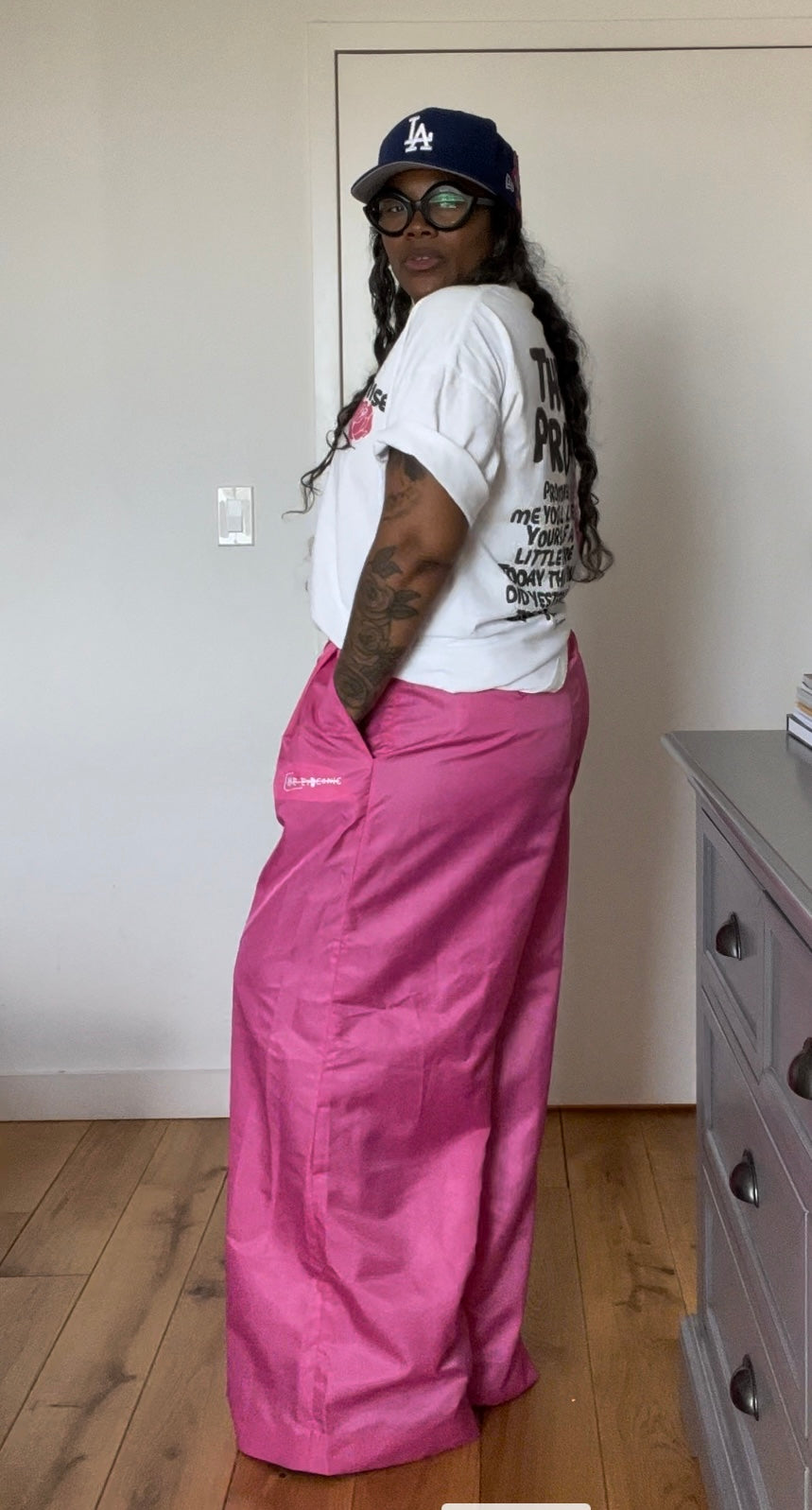 BeEyeConic “Get Fresh” Nylon Wide Leg Pants (Pink)